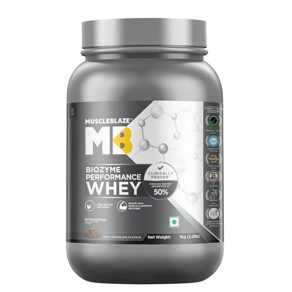 MuscleBlaze Biozyme Performance Whey Protein Powder, 1kg (2.2lbs) | Rich Chocolate | 25g Protein Per Scoop |