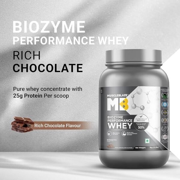 81Fx4BCNOBL._SX679_ MuscleBlaze Biozyme Performance Whey Protein Powder, 1kg (2.2lbs) | Rich Chocolate | 25g Protein Per Scoop |