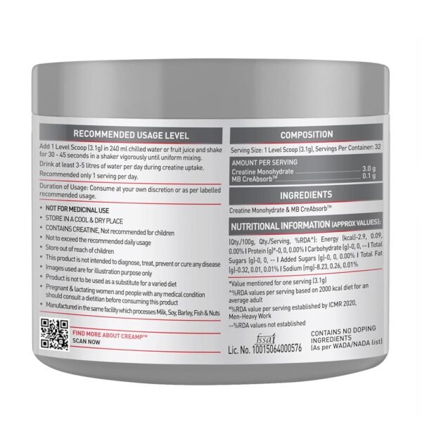 81KXwaCwsmL._SL1500_ MuscleBlaze Micronised Creatine Monohydrate CreAMP Powder, 100g | Unflavoured, 32 Servings | Trustified Certified Creatine