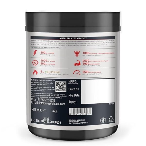 MuscleBlaze Pre Workout Wrathx Powder, Fruit Fury (20 Servings, 340g) | With Creapure, NitroBlaze & BioPerine