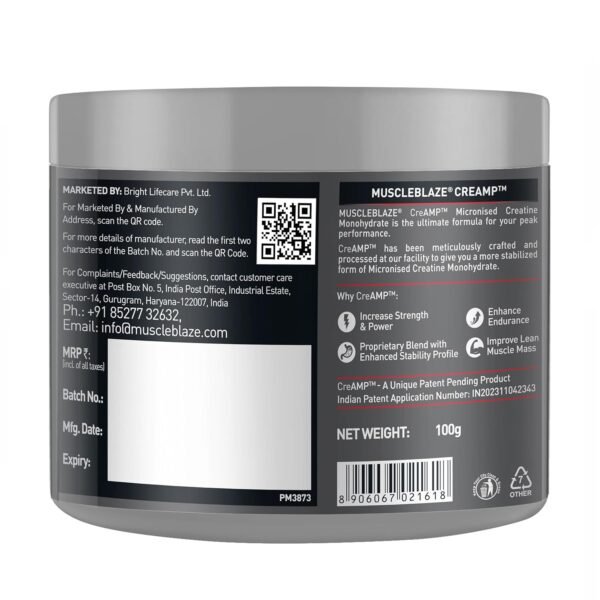 81lOMeJQKmL._SL1500_ MuscleBlaze Micronised Creatine Monohydrate CreAMP Powder, 100g | Unflavoured, 32 Servings | Trustified Certified Creatine